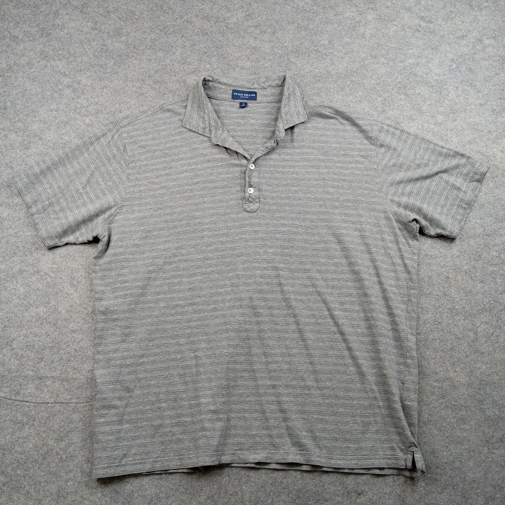 Peter Millar Polo‎ Shirt Mens XL Gray Cotton Linen Striped Golf Casual Top